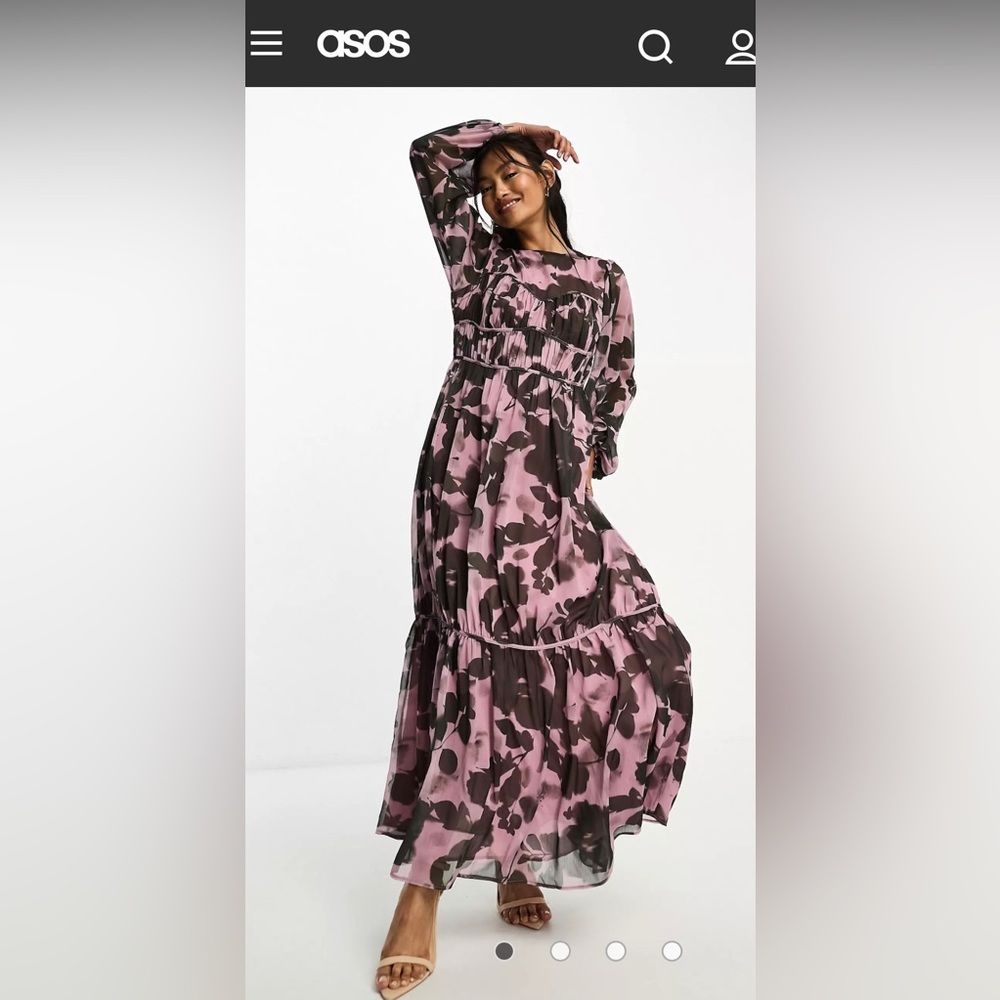ASOS Design Flora Channel Waist Long Sleeve Maxi Dress, Size 12